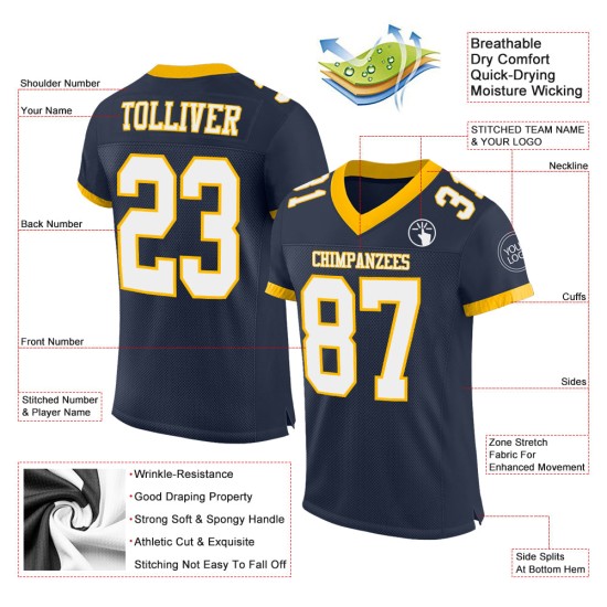 Custom Navy White-Gold Mesh Authentic Football Jersey Custom Navy White-Gold Mesh Authentic Football Jersey