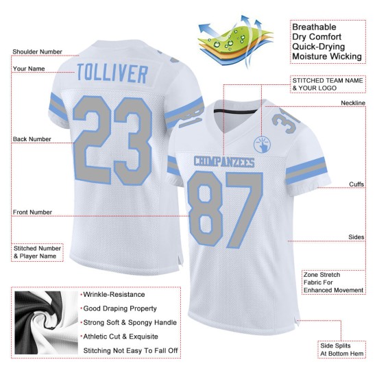 Custom White Gray-Light Blue Mesh Authentic Football Jersey Custom White Gray-Light Blue Mesh Authentic Football Jersey