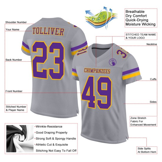 Custom Gray Purple-Gold Mesh Authentic Football Jersey Custom Gray Purple-Gold Mesh Authentic Football Jersey