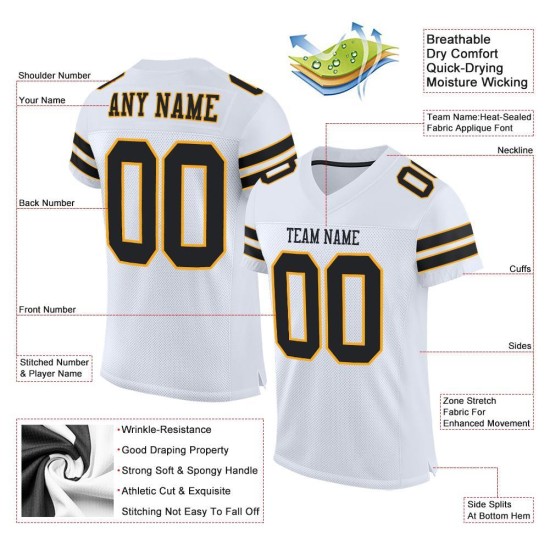 Custom White Black-Gold Mesh Authentic Football Jersey Custom White Black-Gold Mesh Authentic Football Jersey